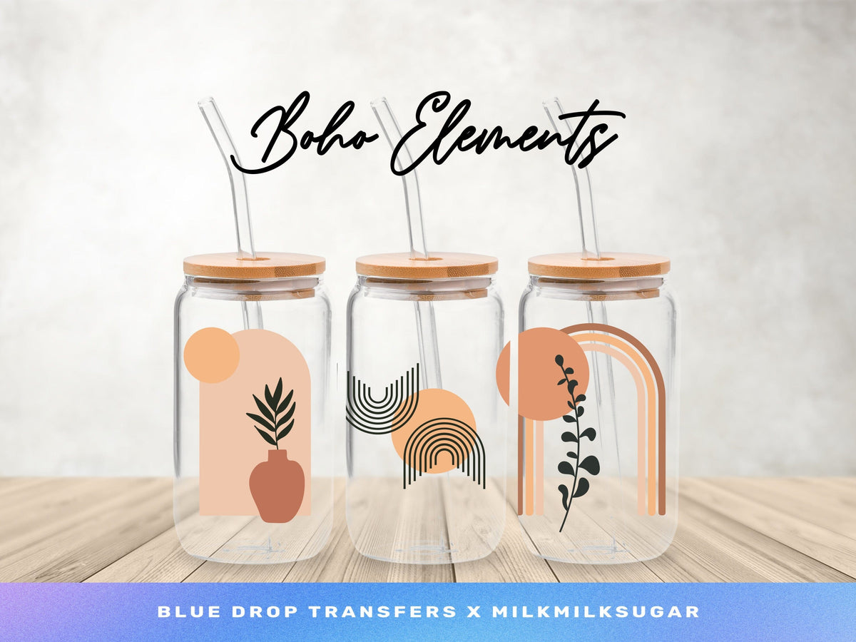 MilkMilkSugar X BDT Boho Elements UV DTF Cup Wrap Blue Drop Transfers 