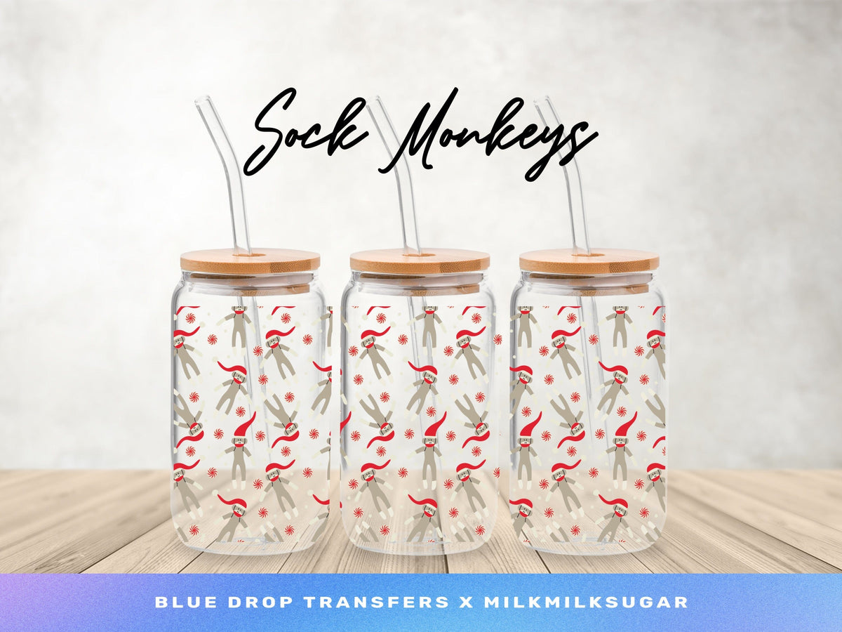 MilkMilkSugar X BDT Christmas Sock Monkies UV DTF Cup Wrap Blue Drop Transfers 