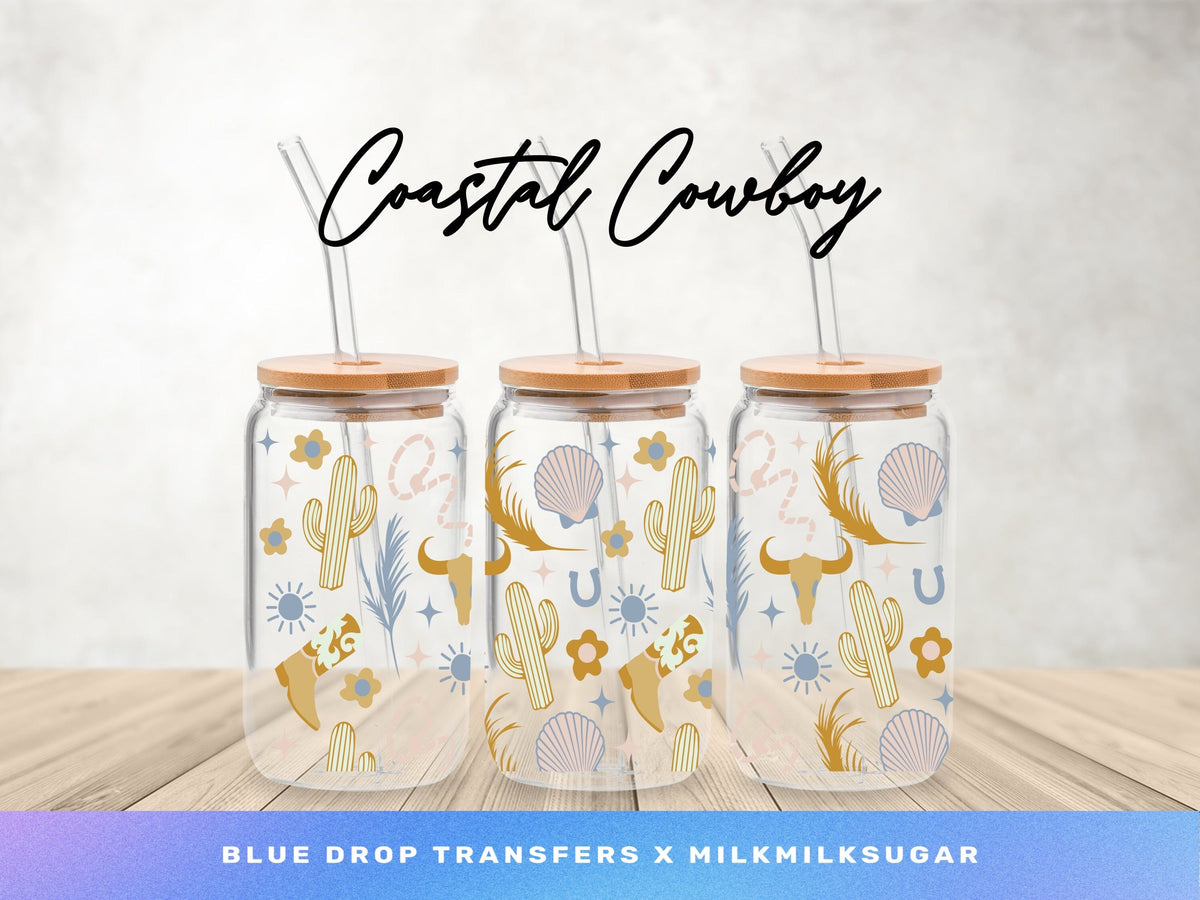 MilkMilkSugar X BDT Coastal Cowboy UV DTF Cup Wrap Blue Drop Transfers 