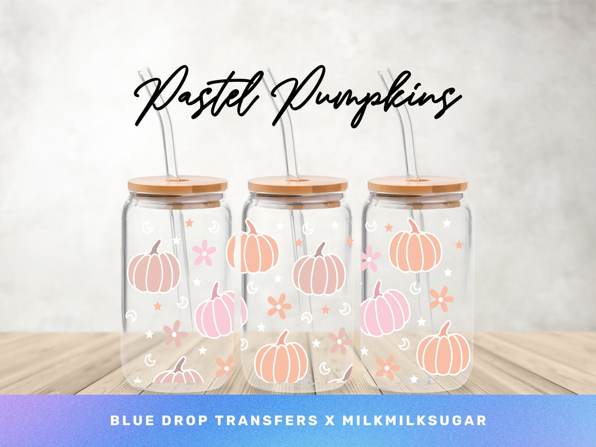 MilkMilkSugar X BDT Pastel Pumpkins UV DTF Cup Wrap Blue Drop Transfers 