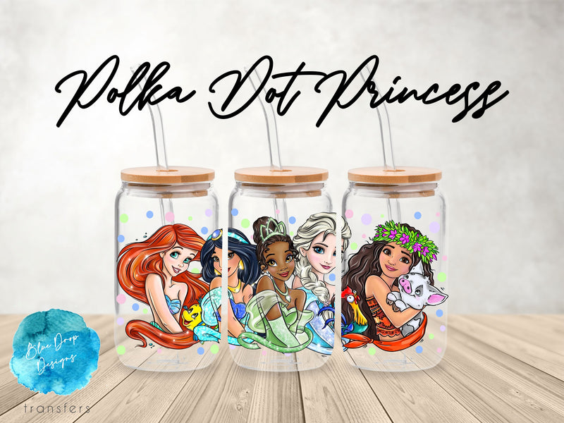 Polka Dot Princess UV DTF Cup Wrap Blue Drop Transfers 